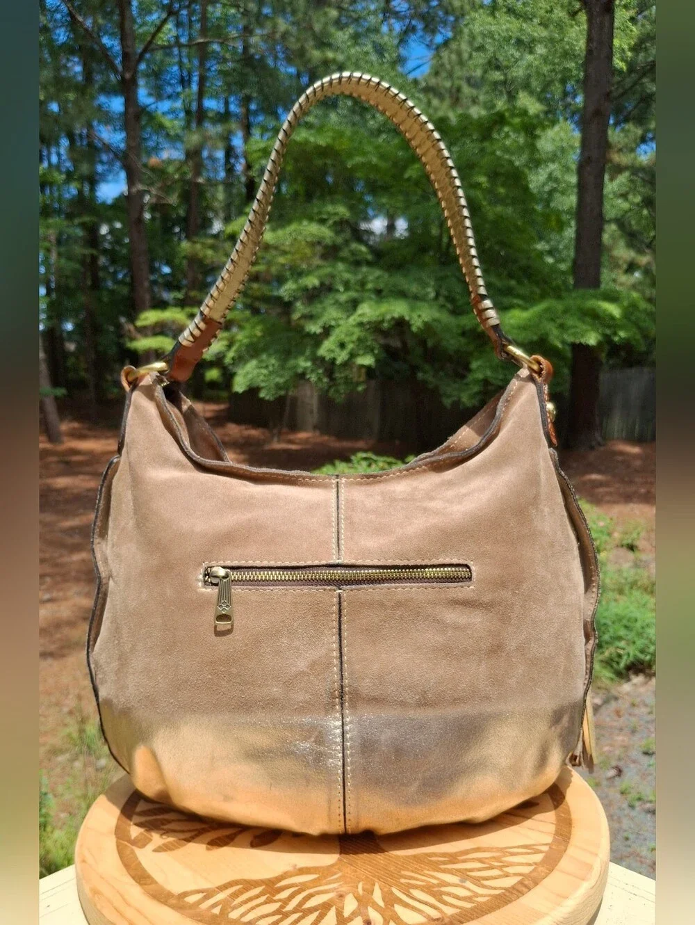 Patricia Nash Gold Ombre Tan Suede Tassel Whipstitch Leather Hobo Bag - Picture 5 of 14